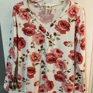 Sew in Love small V Neck long sleeve top. Cream colored with roses.